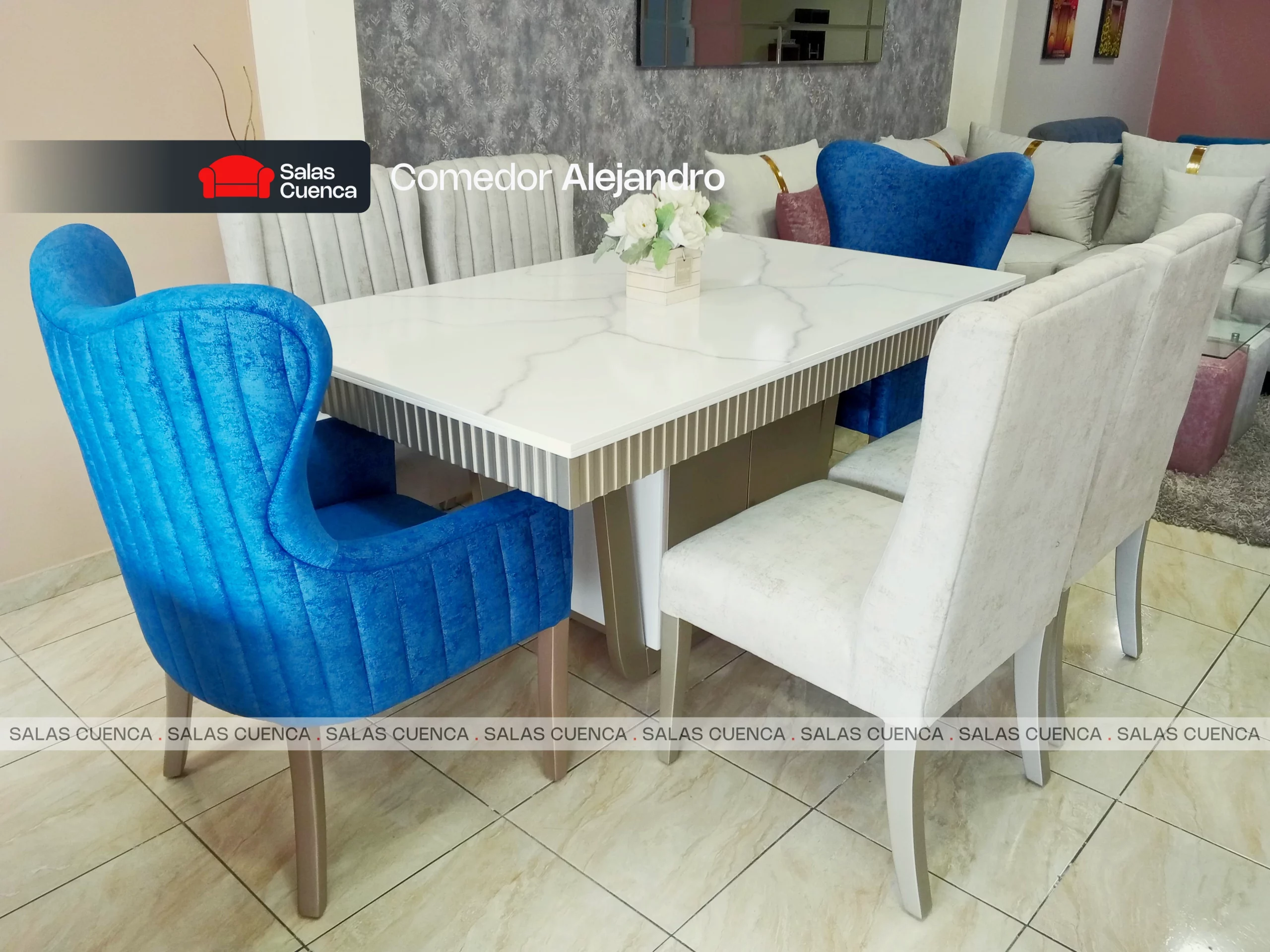 COMEDOR ALEJANDRO 6 SILLAS PLATA + AZUL MARINO COMEDOR ALEJANDRO 6 SILLAS PLATA + AZUL MARINO